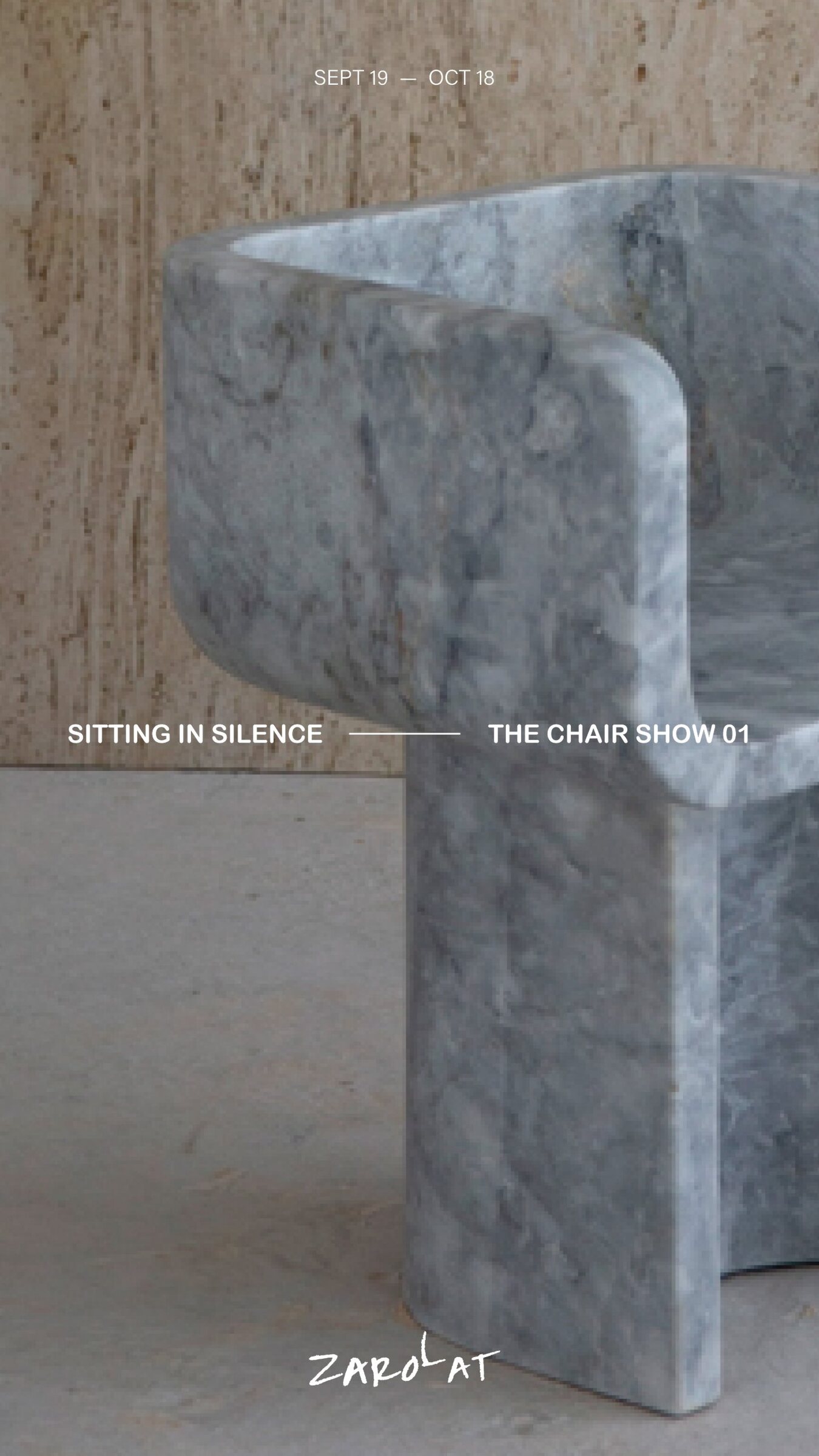 Exhibition card for Sitting in Silence at Zarolat: grey marble chair against travertine