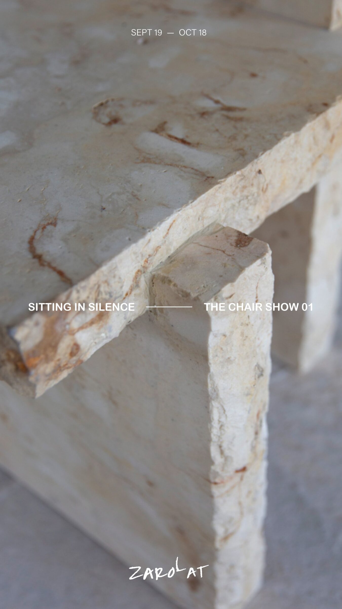 Exhibition card for Sitting in Silence at Zarolat: close view of a pale limestone chair
